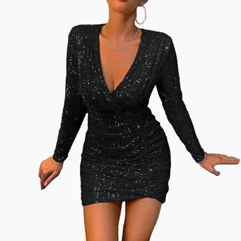 Women's Sequin Party Mini Dress with Long Sleeves and Deep Neckline – Perfect Dress for Evening, Club, and Celebrations