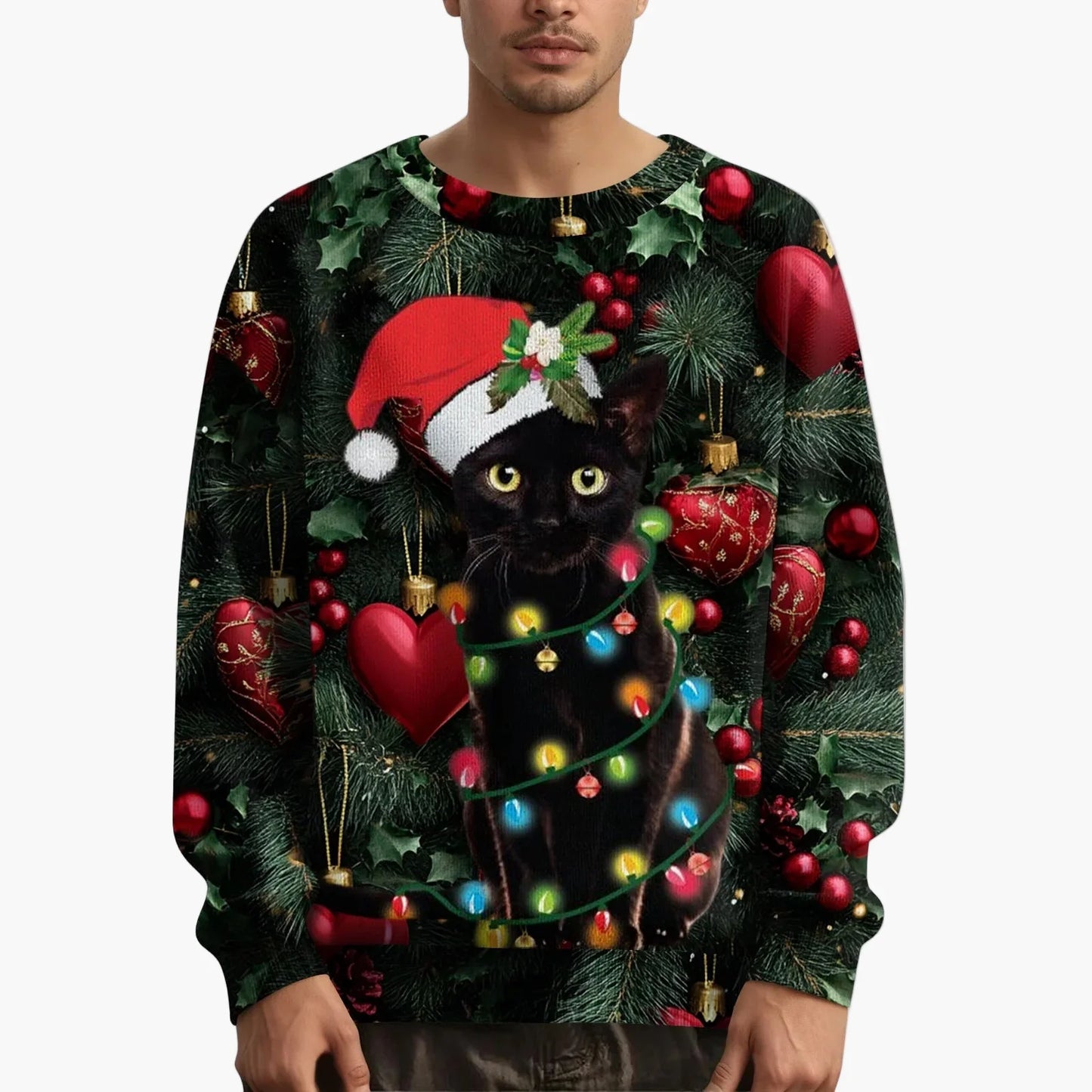 Herren Weihnachts-Sweatshirt mit Katzenmotiv und festlichem Print – Lustiges Pullover für die Feiertage