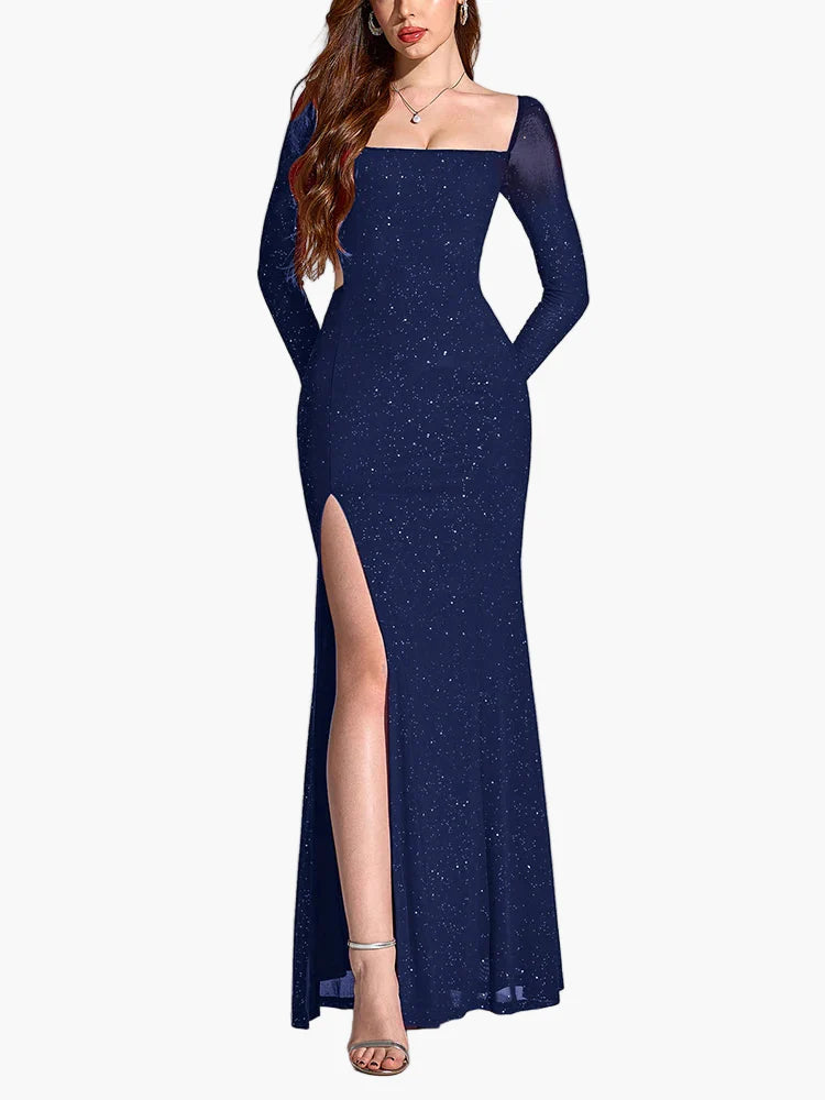 Damen Abendkleid Elegant Langarm mit Schlitz – Perfekt für festliche Anlässe & Gala