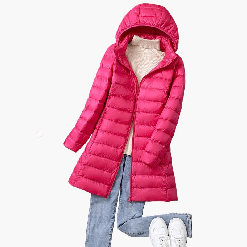 Women's winter quilted coat with hood – fashionable long coat for everyday and outdoor use