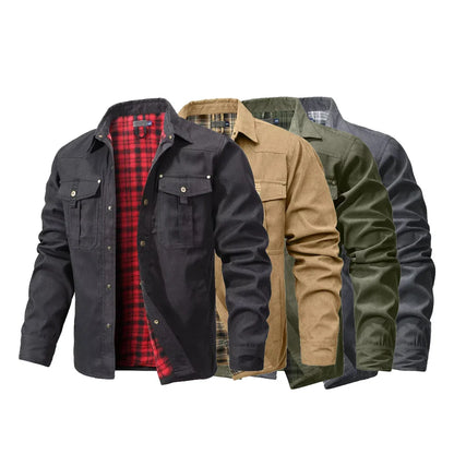 Herren Freizeithemdjacke Frühling Shacket Western Cowboy Stil mit Flanellfutter und Druckknöpfen
