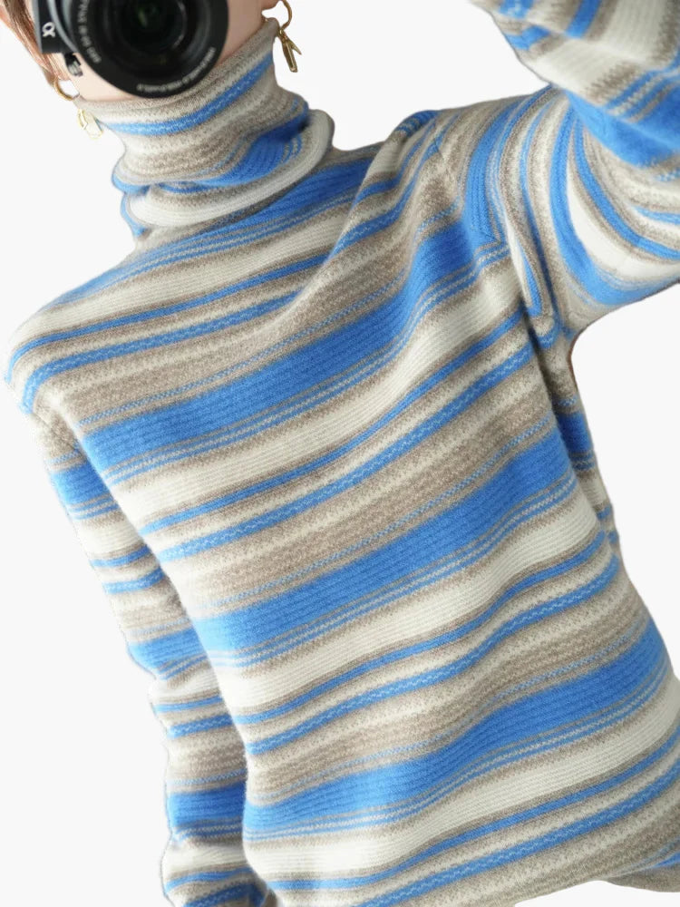 Women's turtleneck sweater with stripes – fashionable casual sweater for autumn and winter