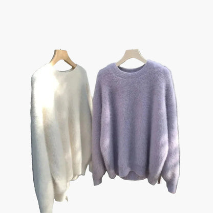Women's Oversize Sweater with Crew Neck – Casual, Fluffy Knit Sweater for Autumn and Winter