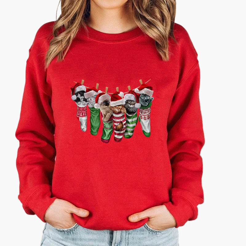 Women's Christmas Sweater with Cat, Christmas Hat and String Lights – Funny Winter Sweater for Women