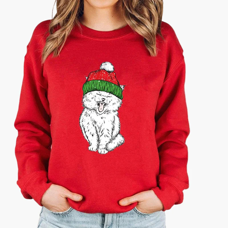 Women's Christmas Sweater with Cat, Christmas Hat and String Lights – Funny Winter Sweater for Women