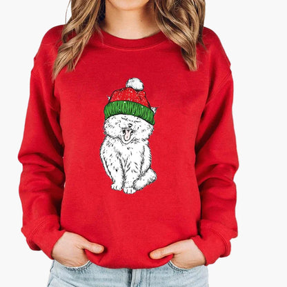 Women's Christmas Sweater with Cat, Christmas Hat and String Lights – Funny Winter Sweater for Women