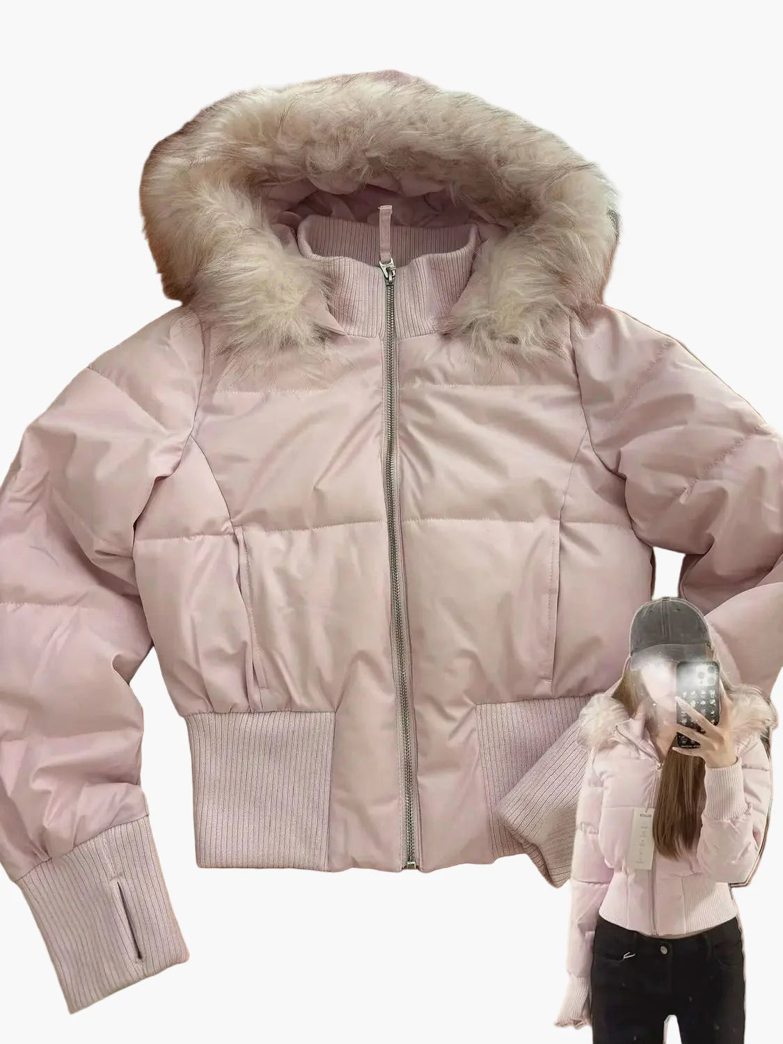Women's quilted jacket with hood and faux fur collar – fashionable winter jacket, tailored, warm, ideal for everyday and leisure use