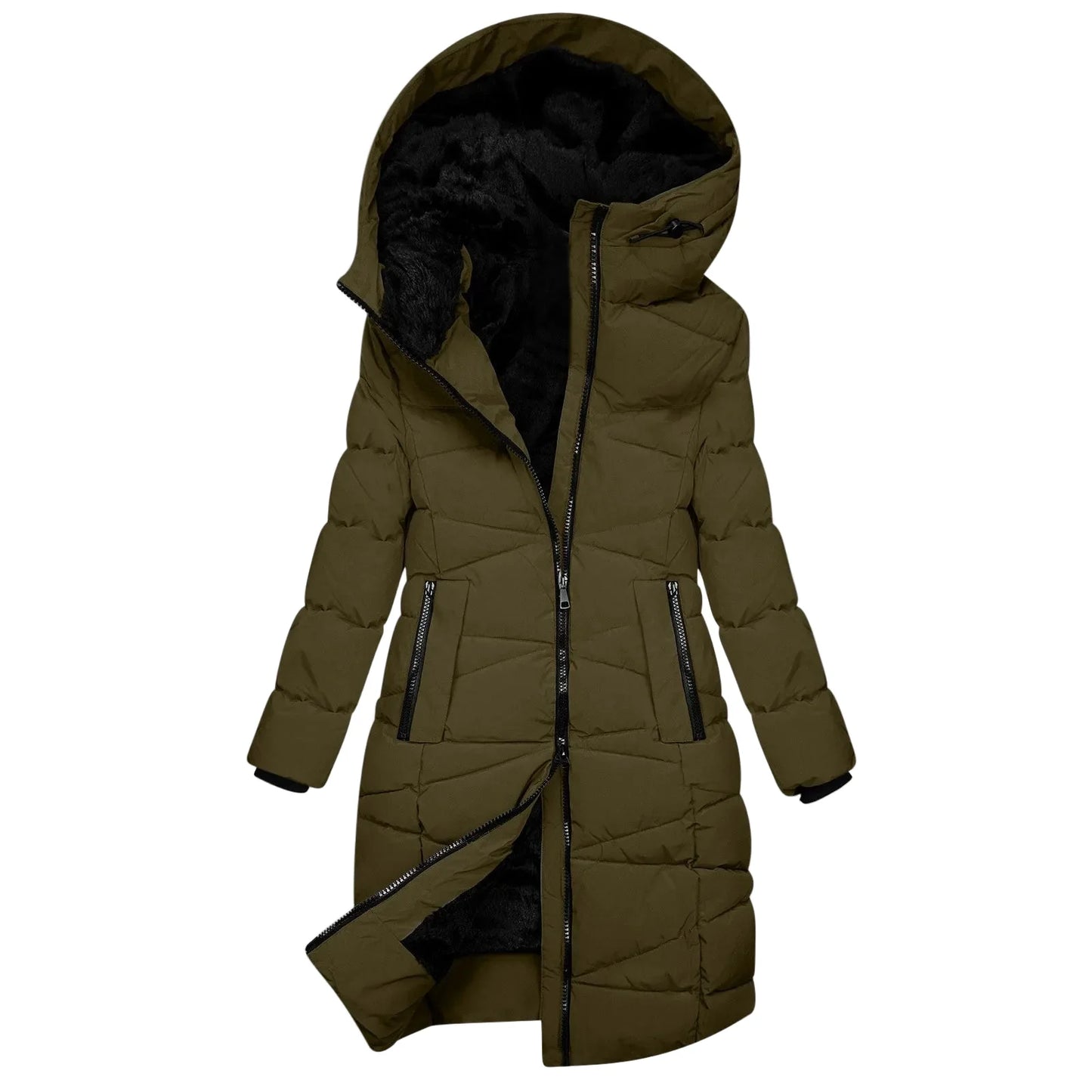 Women's Winter Quilted Long Coat with Hood – Windproof Down Jacket with Zipper, Fashionable & Warm