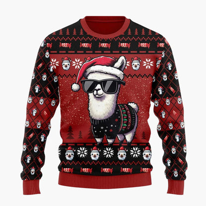 Unisex Weihnachtspullover Lama mit Sonnenbrille Lustiger Ugly Christmas Sweater