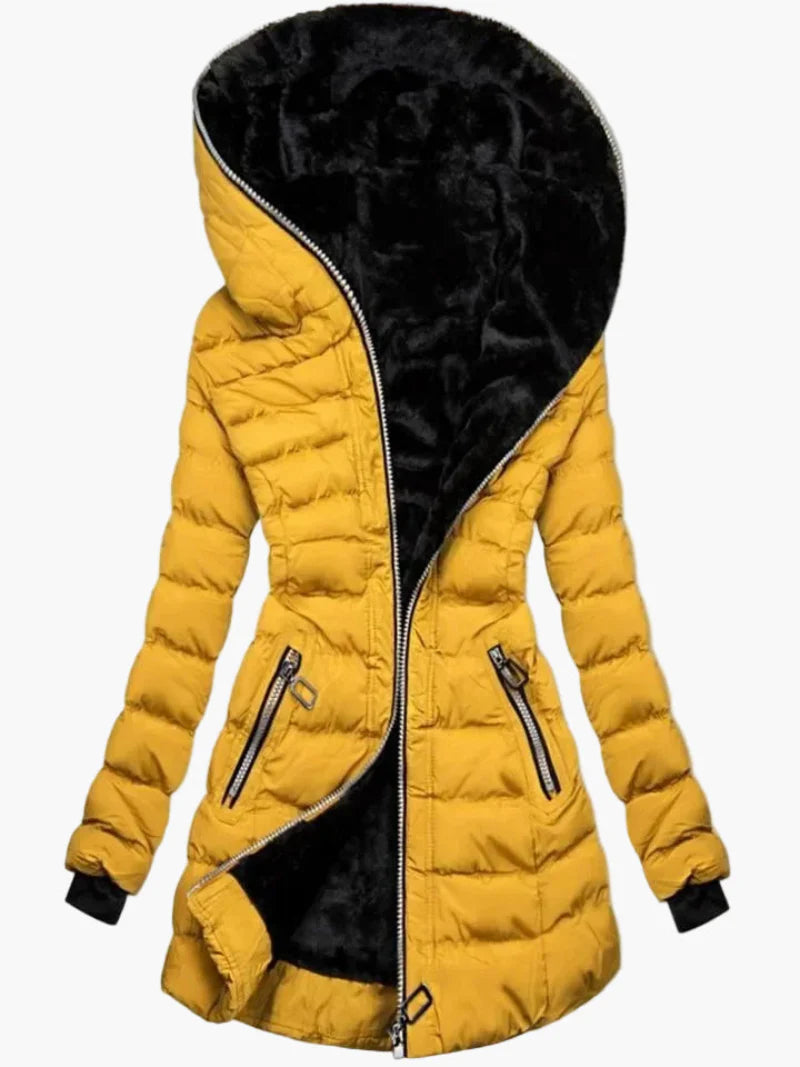 Women's winter jacket with hood and asymmetrical zipper – Fashionable outdoor jacket with fleece lining