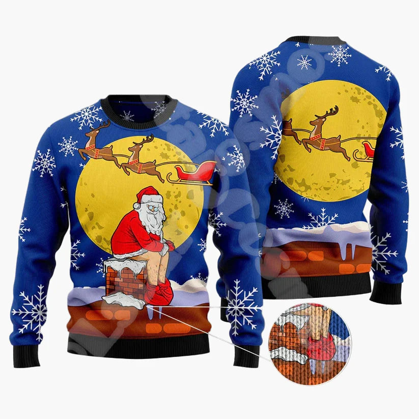 Herren Ugly Christmas Sweater mit lustigem Santa auf dem Schornstein – Perfekter Pullover für Weihnachten & Party