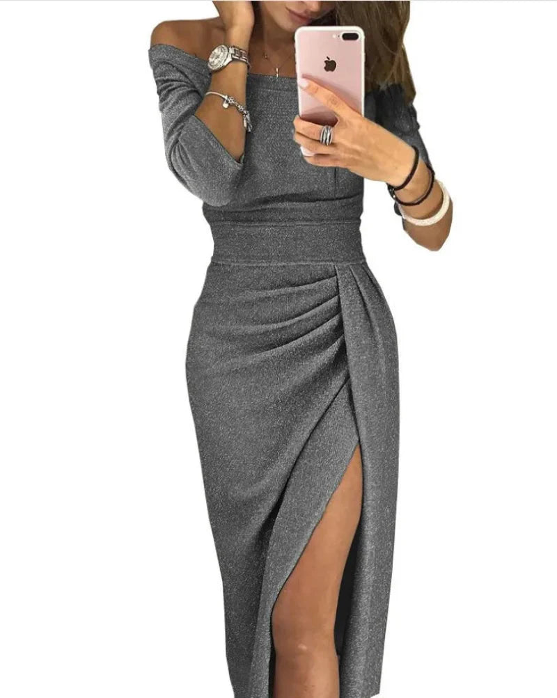 Women's off-shoulder evening dress with high slit and ruching – elegant party and cocktail dress