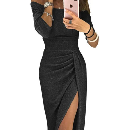 Women's off-shoulder evening dress with high slit and ruching – elegant party and cocktail dress