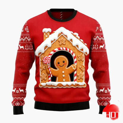 Herren Weihnachtspullover Ugly Christmas Sweater mit Lebkuchenmann, Lebkuchenhaus & Tannenbaum – Lustiger Winterpulli für Weihnachten