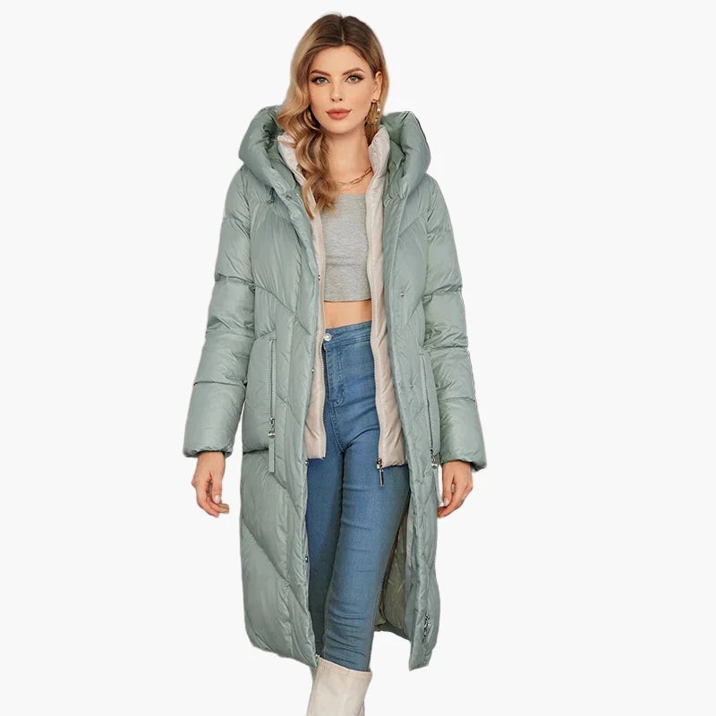 Women's winter quilted coat with hood – fashionable long parka for cold days