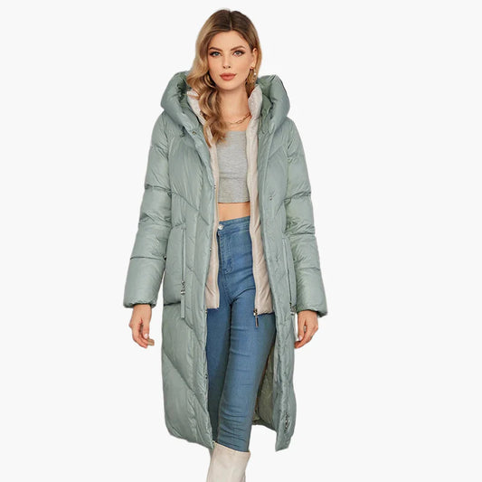 Women's winter quilted coat with hood – fashionable long parka for cold days