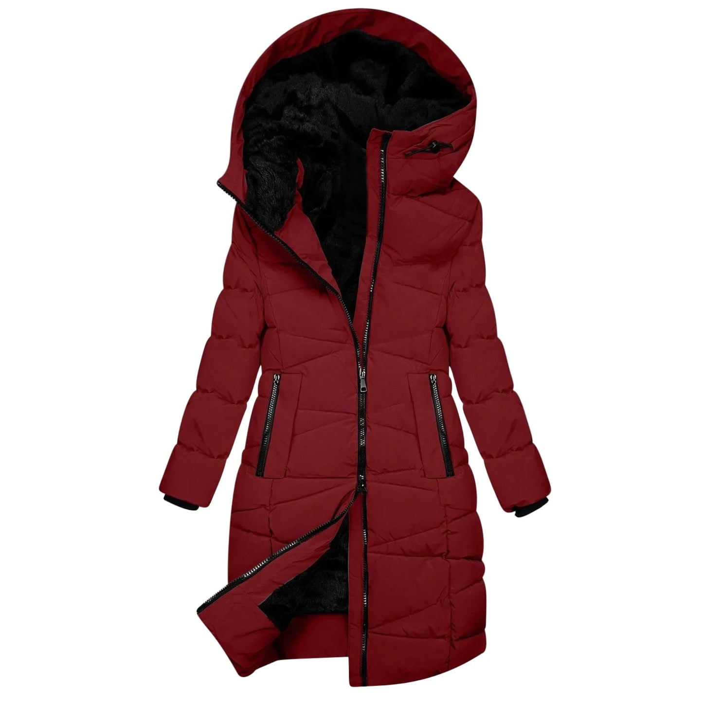 Women's Winter Quilted Long Coat with Hood – Windproof Down Jacket with Zipper, Fashionable & Warm