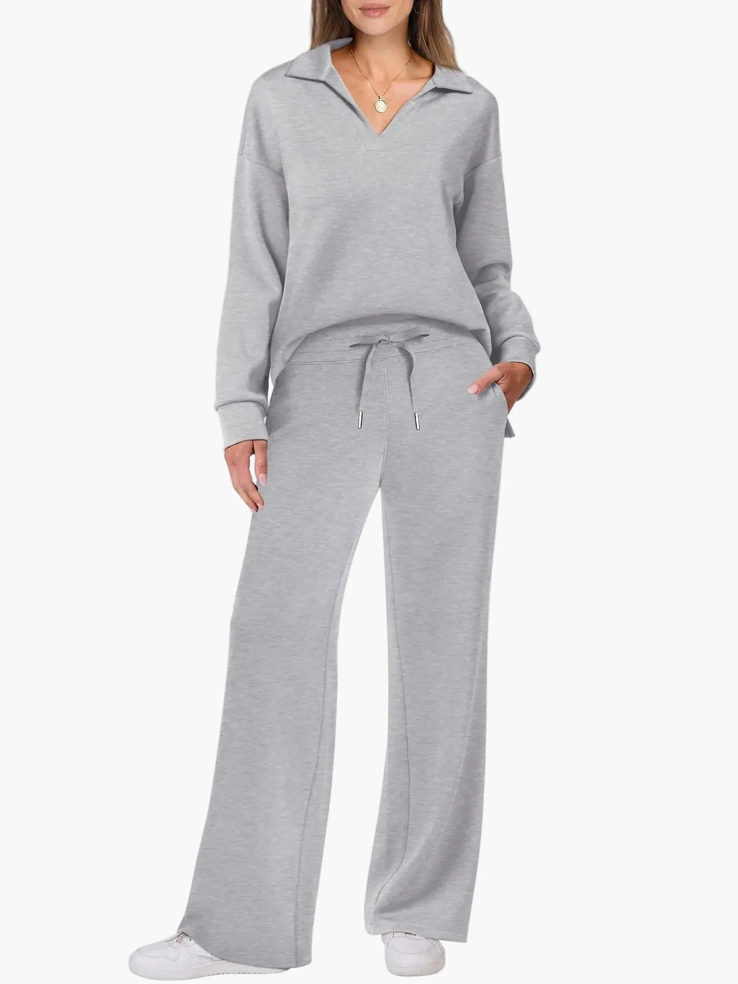 Damen Freizeit-Set mit weitem Bein und V-Ausschnitt – Bequemes Loungewear-Outfit für Alltag & Reisen