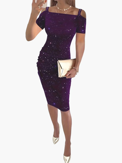 Women's off-shoulder midi dress with star pattern – elegant party and evening dress