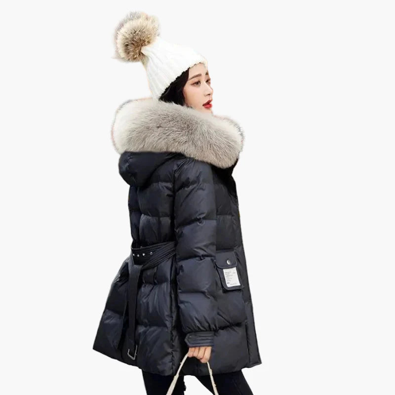 Women's winter quilted coat with hood and fur collar – elegant city look for cold days