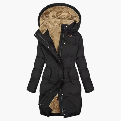 Women's winter coat with hood – Elegant long quilted coat for cold days