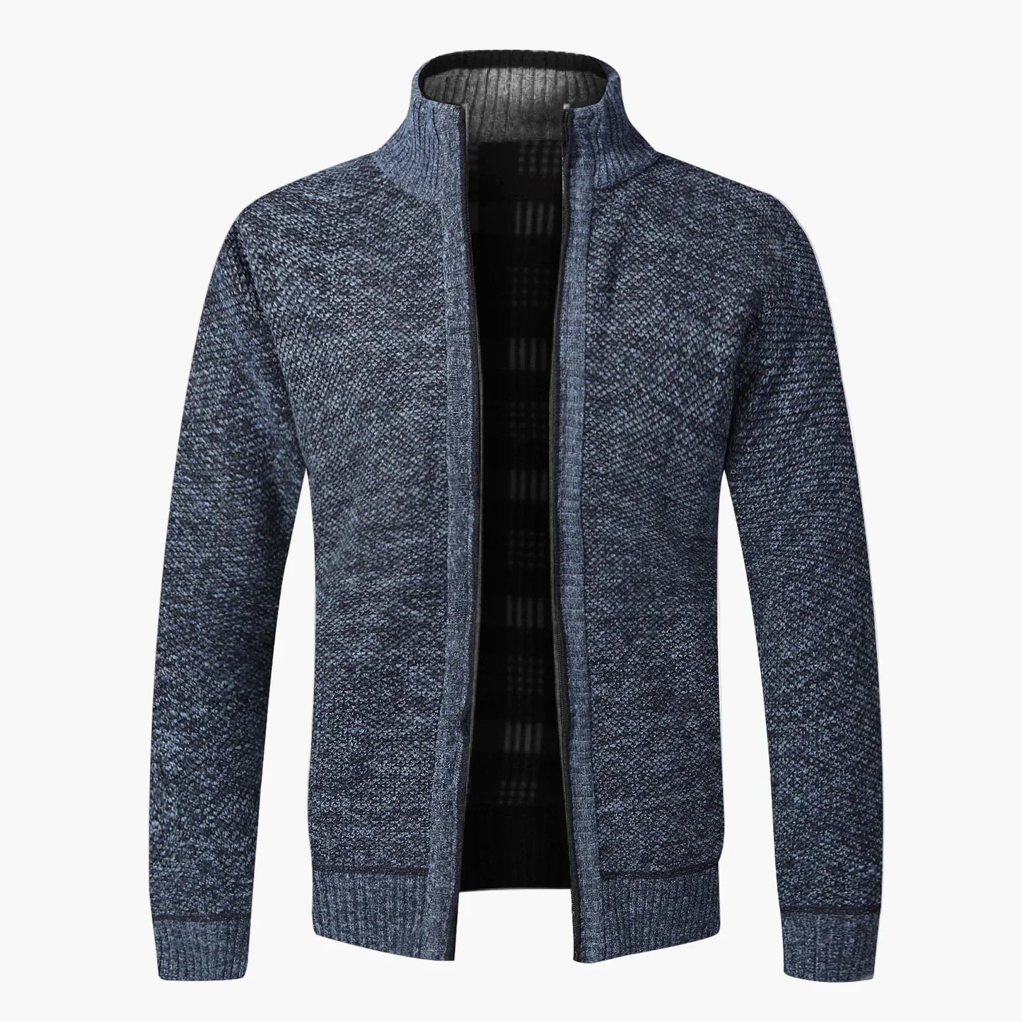 Men's knit cardigan with stand-up collar and checkered lining – fashionable casual jacket