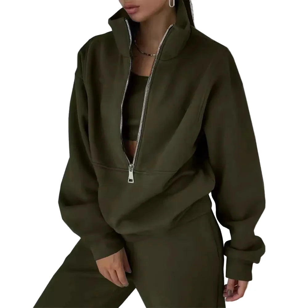 Women's tracksuit set with stand-up collar and zipper – fashionable casual suit for sports & everyday use