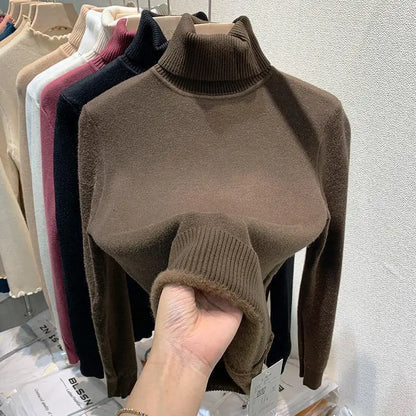 Women's turtleneck sweater with fleece lining – fashionable winter basic sweater for everyday and office use