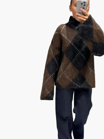 Damen Oversize Strickpullover mit Argyle-Muster – Modischer Freizeit-Look für Herbst und Winter