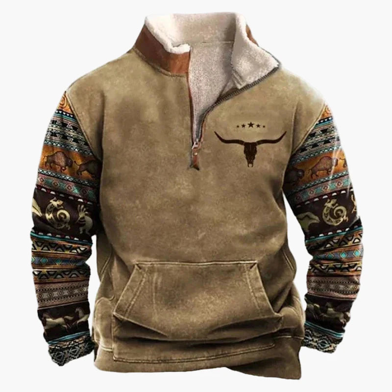 Herren Pullover im Western-Stil mit halbem Reißverschluss und Aztekenmuster – Perfekt für Outdoor und Freizeit