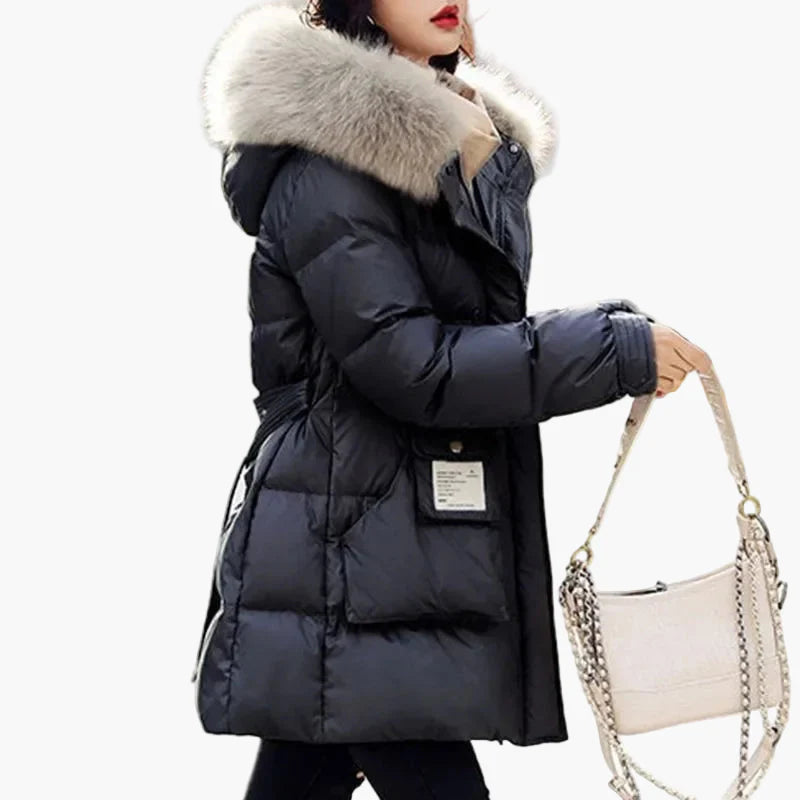 Women's winter quilted coat with hood and fur collar – elegant city look for cold days