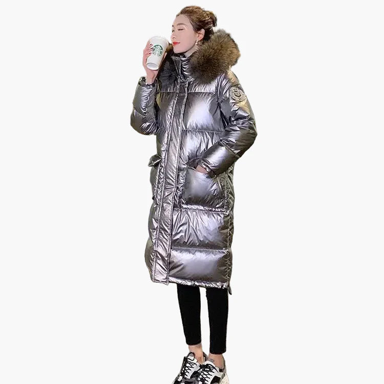 Women's winter quilted coat with hood and fur collar – elegant, long puffer for cold days