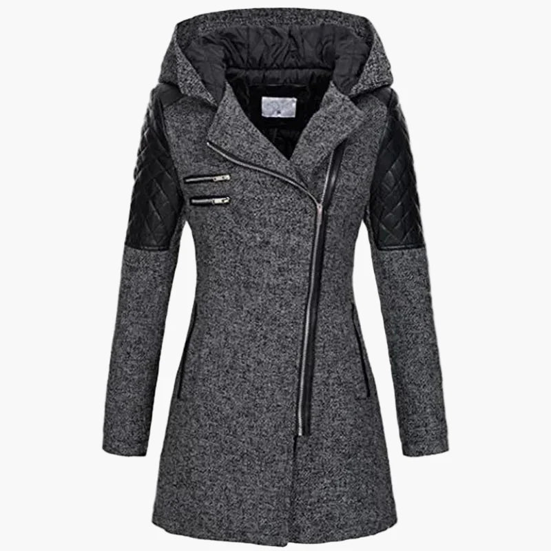 Women's winter coat with hood and asymmetrical zipper – fashionable long transitional coat for autumn & winter