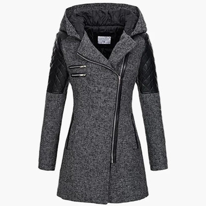 Women's winter coat with hood and asymmetrical zipper – fashionable long transitional coat for autumn & winter