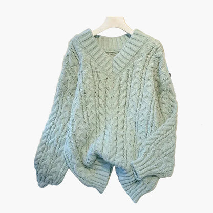 Damen Grobstrick Pullover mit Zopfmuster und V-Ausschnitt – Gemütlicher Freizeit-Stil