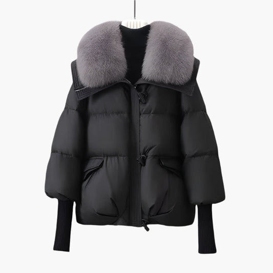 Women's winter quilted jacket with luxury fur collar – elegant glamour & warmth for cold days