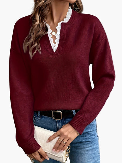 Damen Eleganter Strickpullover mit Spitzenbesatz und V-Ausschnitt – Ideal für Alltag und Büro