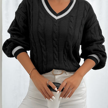 Damen Eleganter Strickpullover mit V-Ausschnitt und Zopfmuster – Perfekt für Büro & Freizeit