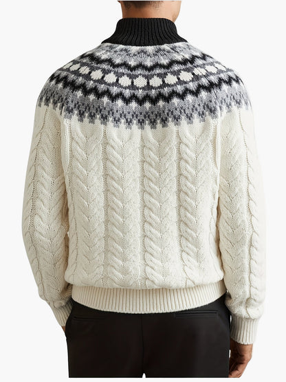 Men's sweater in Norwegian style with cable knit pattern and stand-up collar – Casual winter knit sweater with quarter zipper