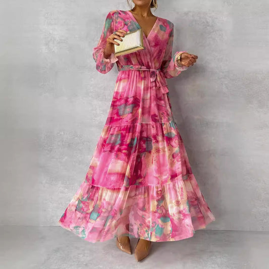 Tracy – Elegant chiffon dress with gathering and patchwork