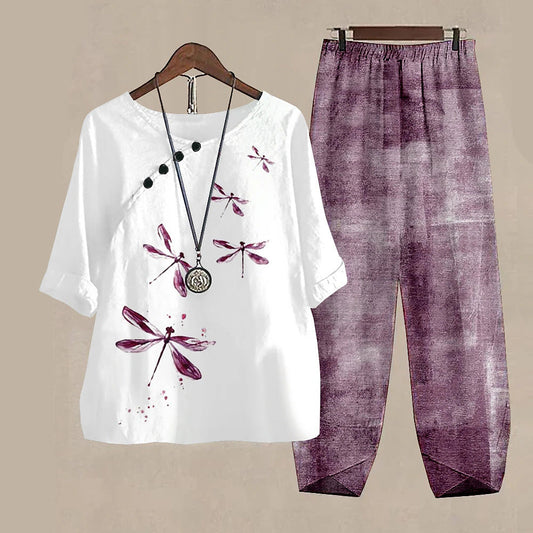 Damen Freizeit Set im Japanischen Stil mit Libellen-Print – Zweiteiler, Bequem für Alltag & Reisen