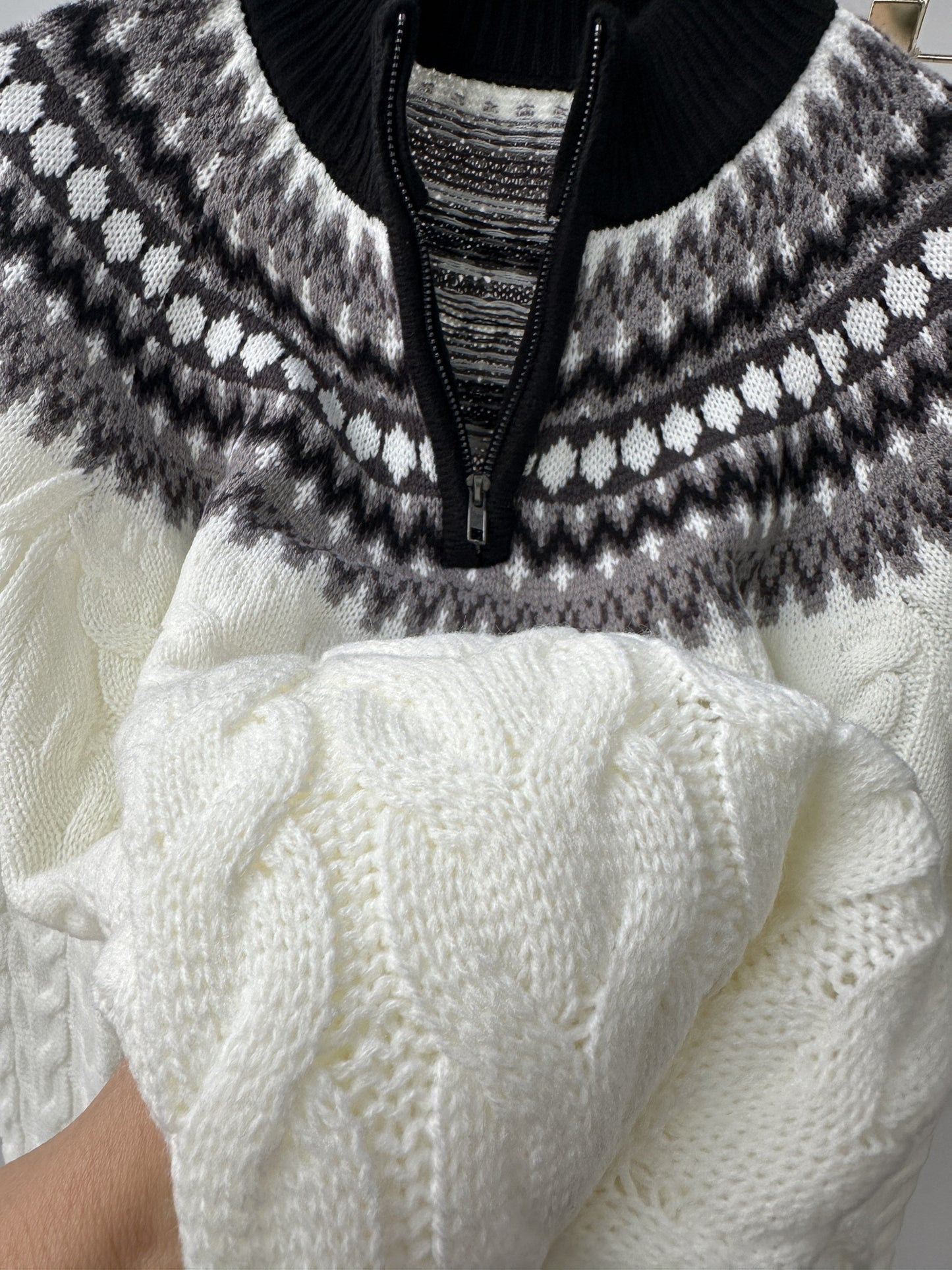 Men's sweater in Norwegian style with cable knit pattern and stand-up collar – Casual winter knit sweater with quarter zipper