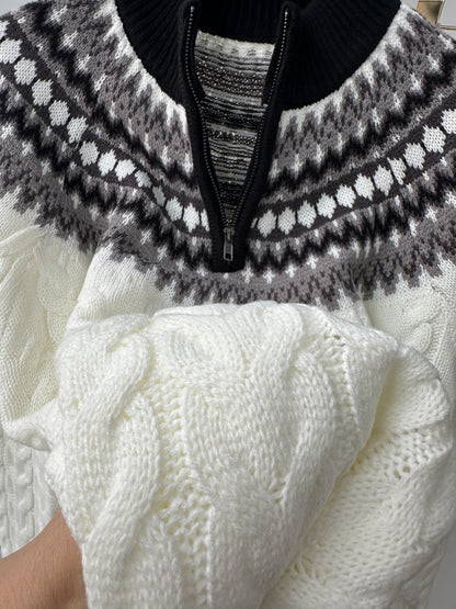 Men's sweater in Norwegian style with cable knit pattern and stand-up collar – Casual winter knit sweater with quarter zipper