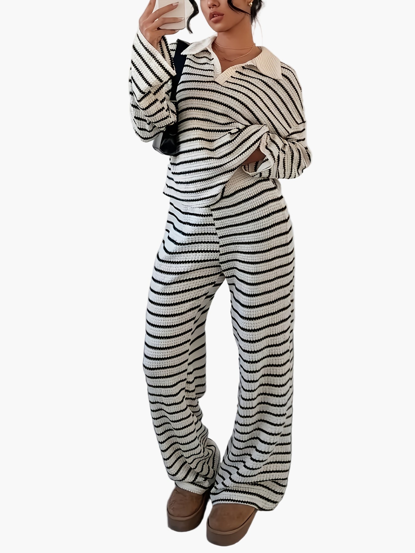 Damen Strick Zweiteiler Set – Gestreifter Freizeit-Look für Herbst & Winter, Elegant & Bequem