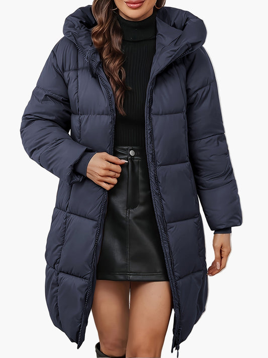 Women's winter quilted coat with hood, fashionable long parka for everyday and outdoor use