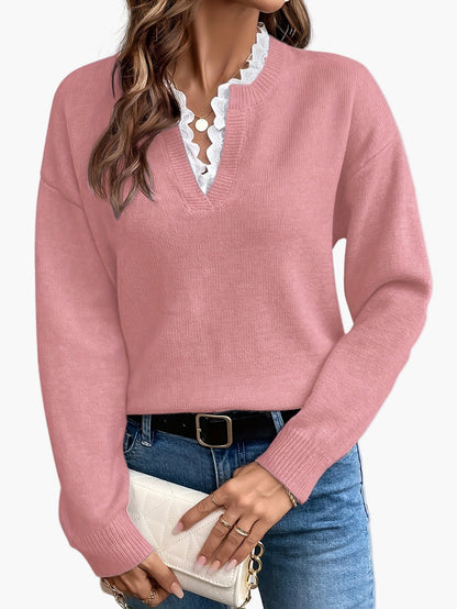 Damen Eleganter Strickpullover mit Spitzenbesatz und V-Ausschnitt – Ideal für Alltag und Büro