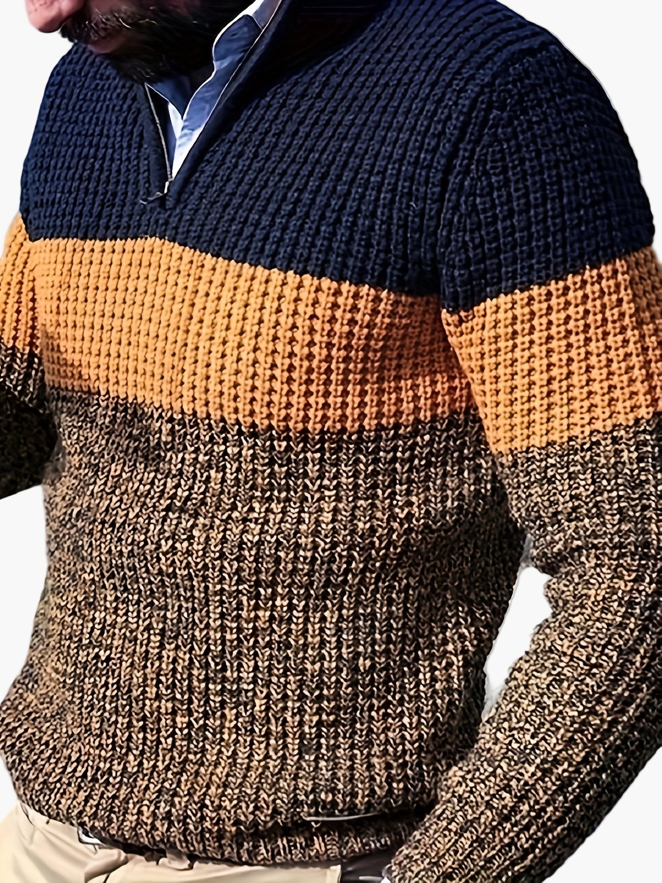 Men's knitted sweater with stripe pattern and stand-up collar – fashionable casual sweater with quarter zipper