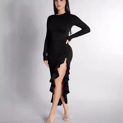 Wendy – Langärmliges Slim Kleid mit Rüschen und Schlitz