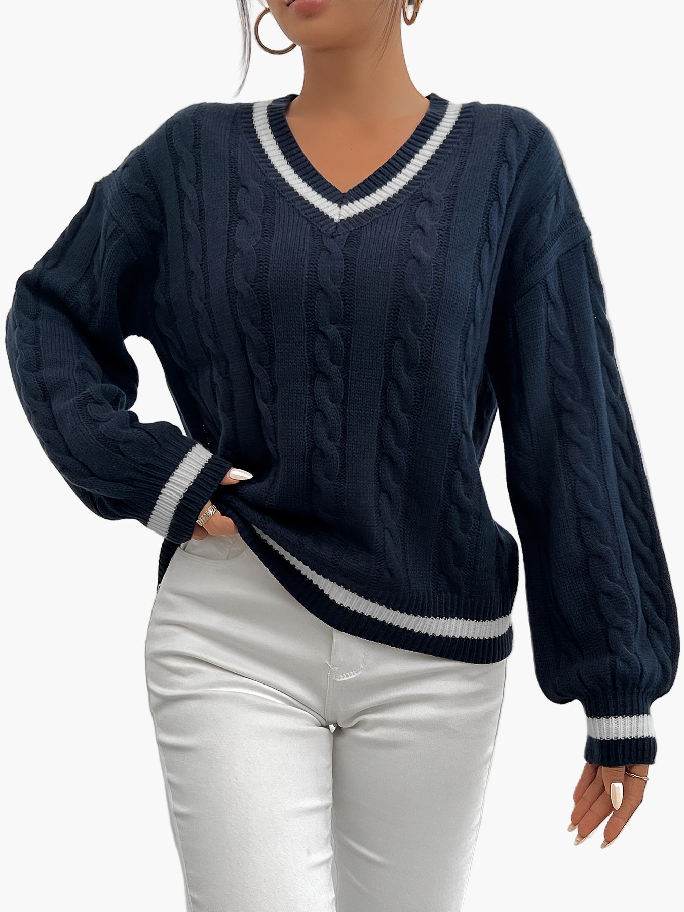 Damen Eleganter Strickpullover mit V-Ausschnitt und Zopfmuster – Perfekt für Büro & Freizeit