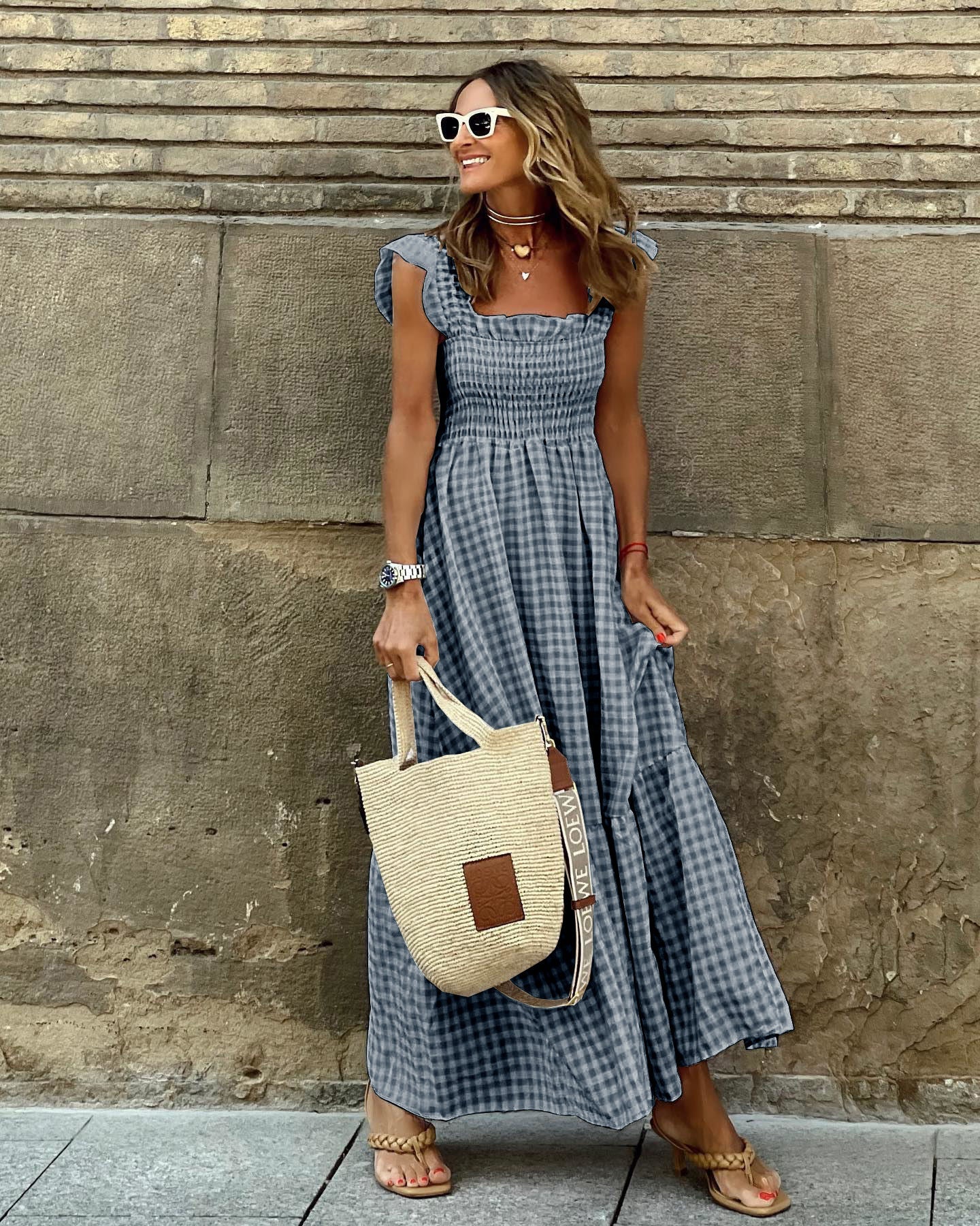 Sharon – Langes Kleid mit Patchwork-Karo-Muster